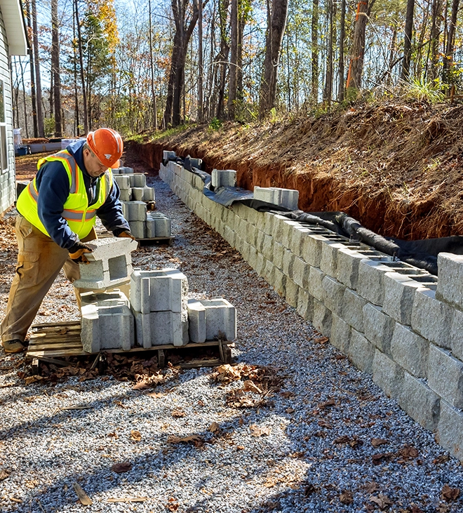 professional-man-installing-concrete-block-retaining-wall retaining-walls-for-sloped-yards-maryland